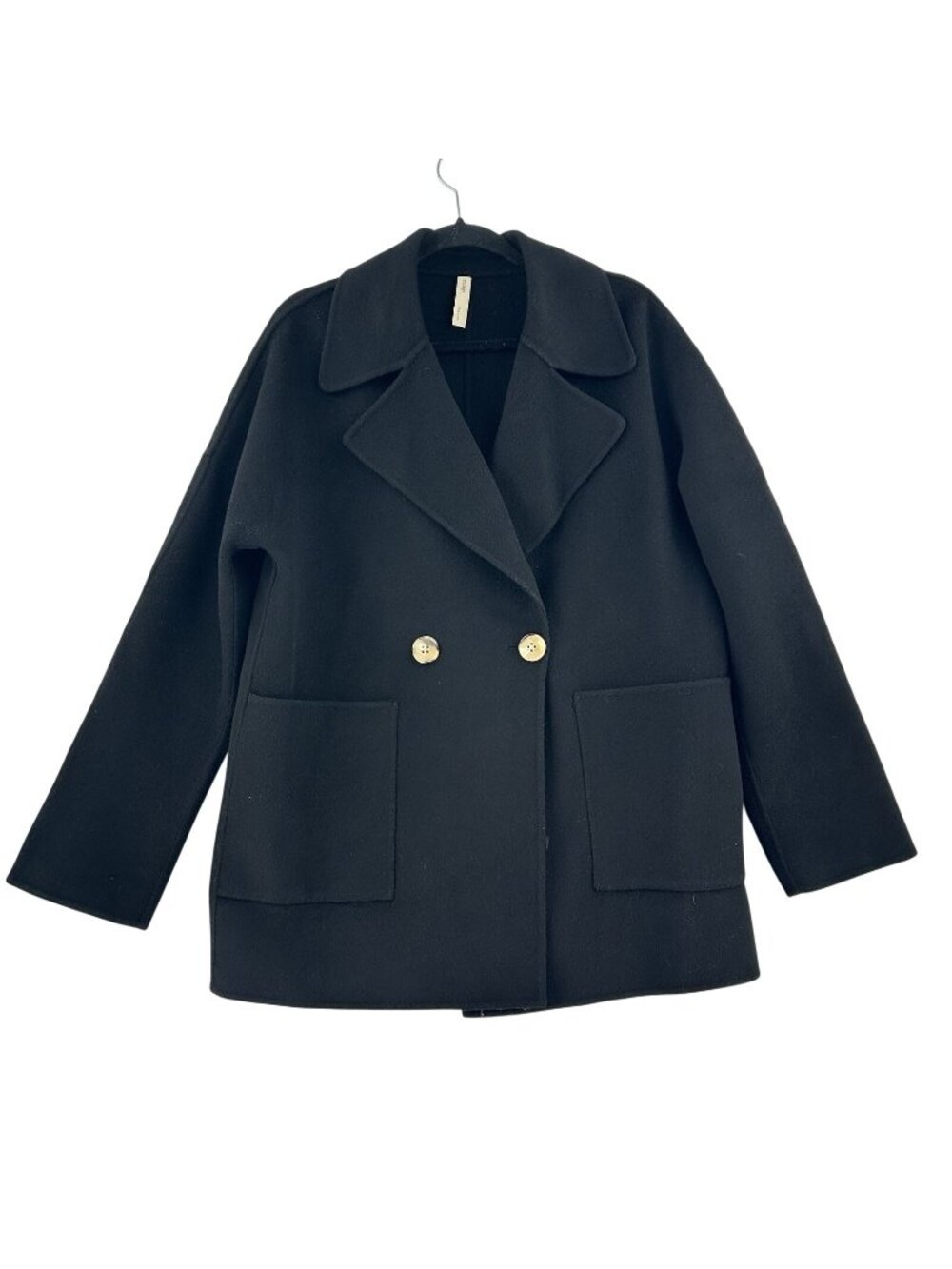 NAP Double-Breasted Coat 100% Wool Black Women's Large Oversized Patch Pockets